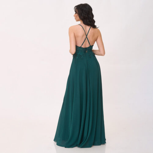 Φόρεμα πράσινο με κεντημένο μπούστο αέρινο ύφασμα κάτω και χιαστί ανοιχτή πλάτη