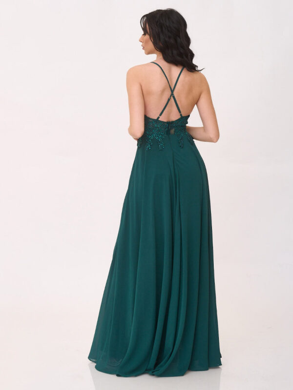 Φόρεμα πράσινο με κεντημένο μπούστο αέρινο ύφασμα κάτω και χιαστί ανοιχτή πλάτη