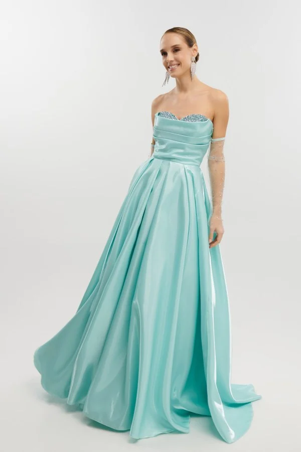 Maxi Φόρεμα Ταφτάς Γυαλιστερός Με Αποσπώμενα Μανίκια Μέντα - Image 2