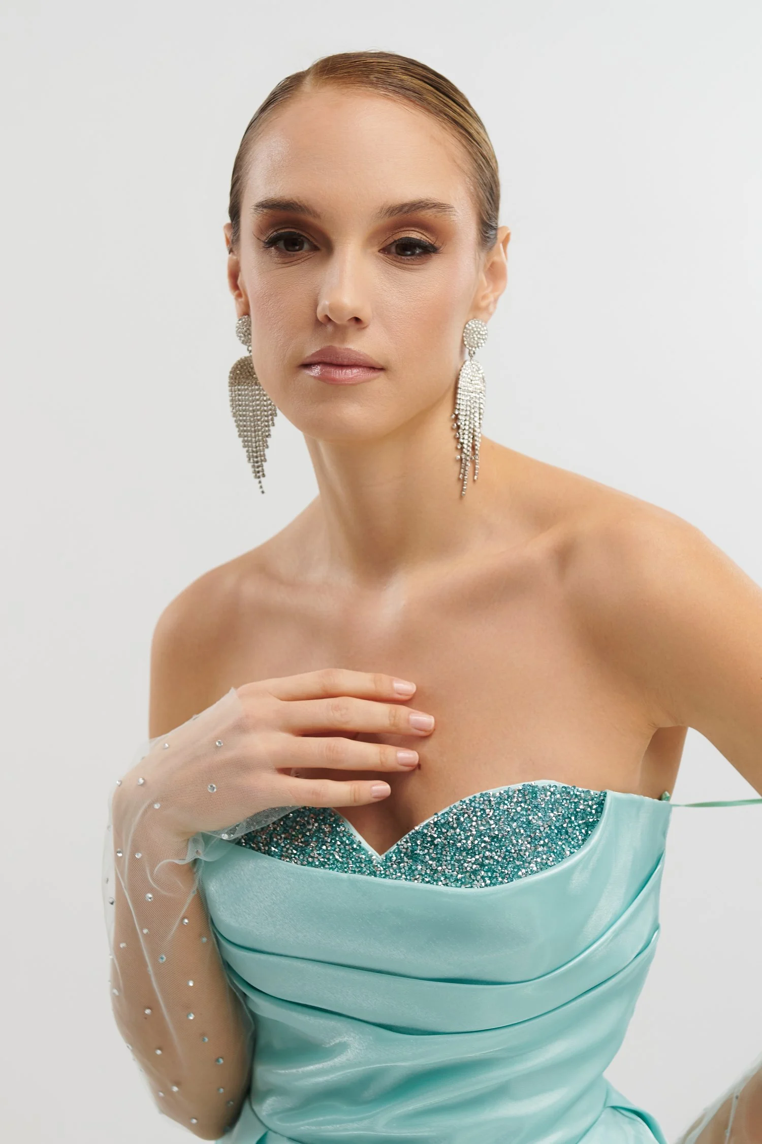 Maxi Φόρεμα Ταφτάς Γυαλιστερός Με Αποσπώμενα Μανίκια Μέντα - Image 10