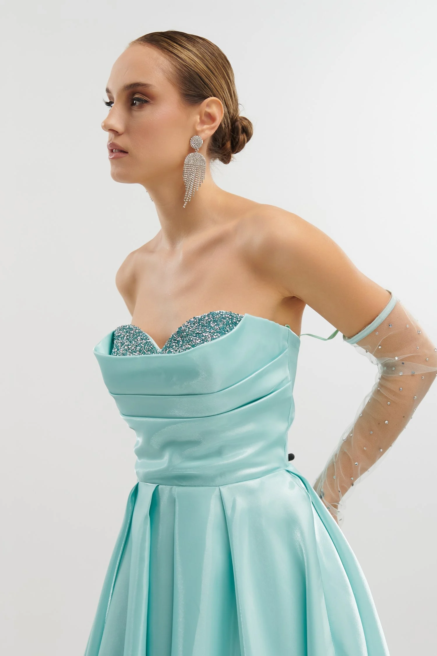 Maxi Φόρεμα Ταφτάς Γυαλιστερός Με Αποσπώμενα Μανίκια Μέντα - Image 11