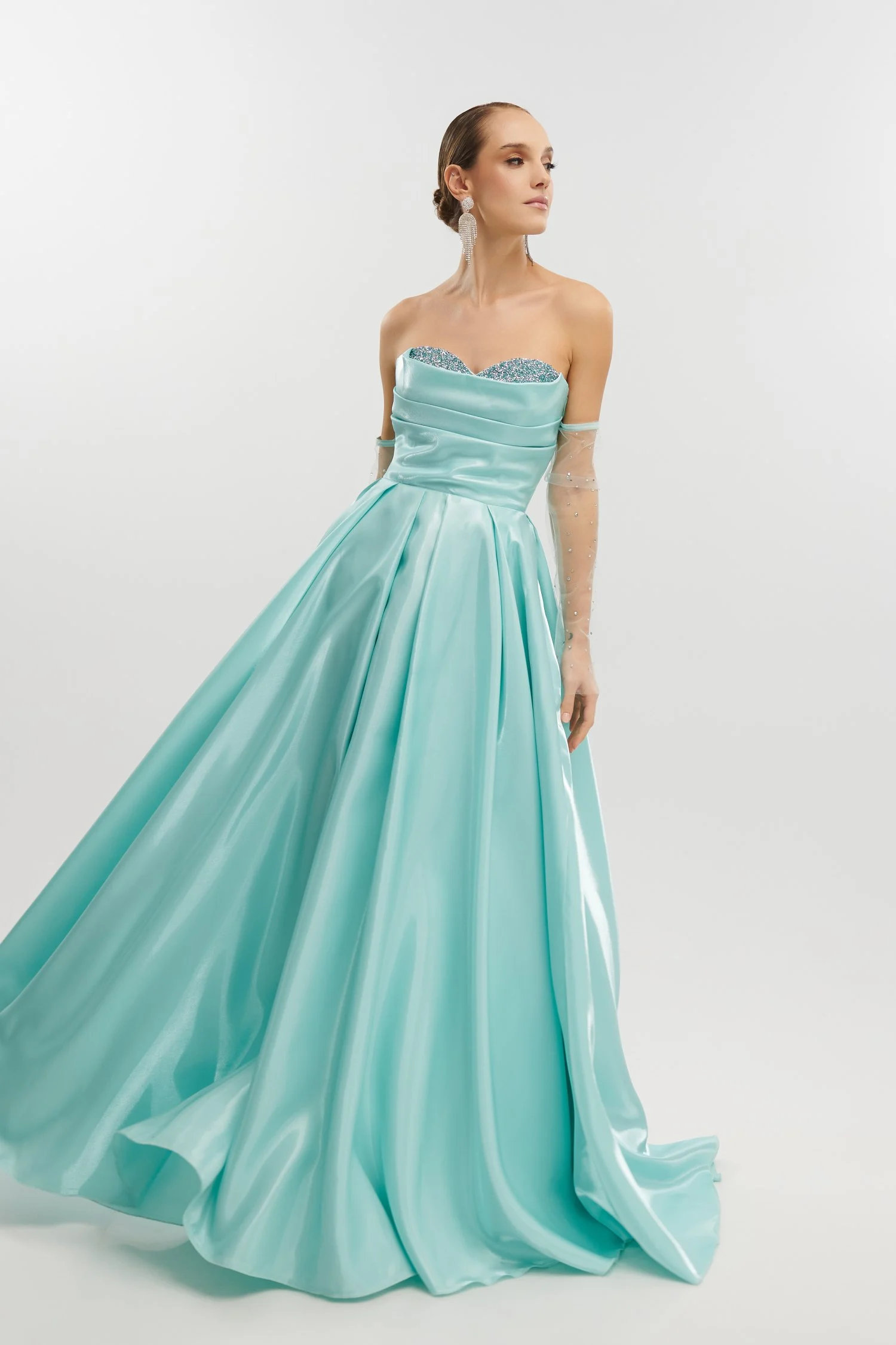 Maxi Φόρεμα Ταφτάς Γυαλιστερός Με Αποσπώμενα Μανίκια Μέντα