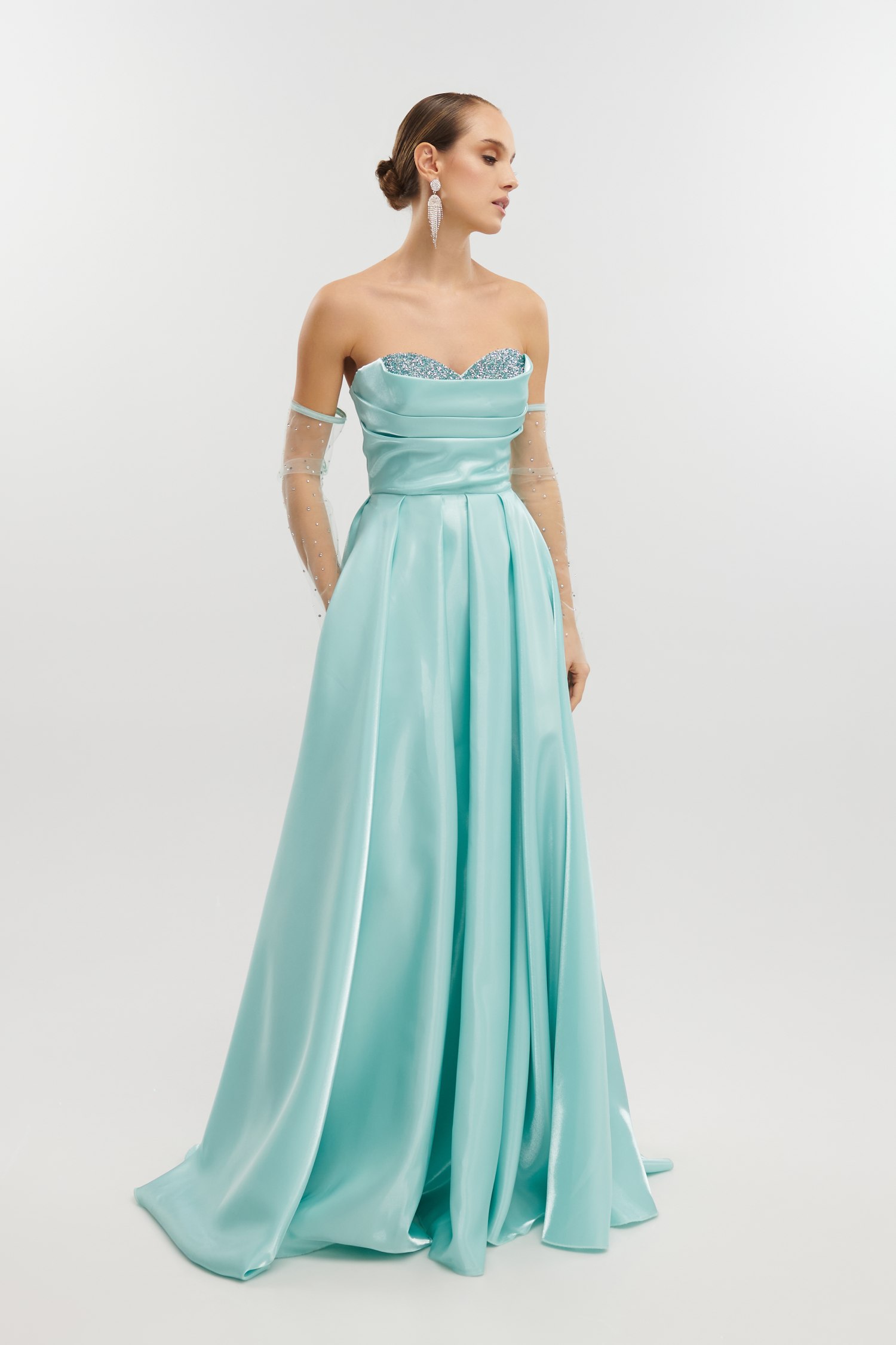 Maxi Φόρεμα Ταφτάς Γυαλιστερός Με Αποσπώμενα Μανίκια Μέντα - Image 4