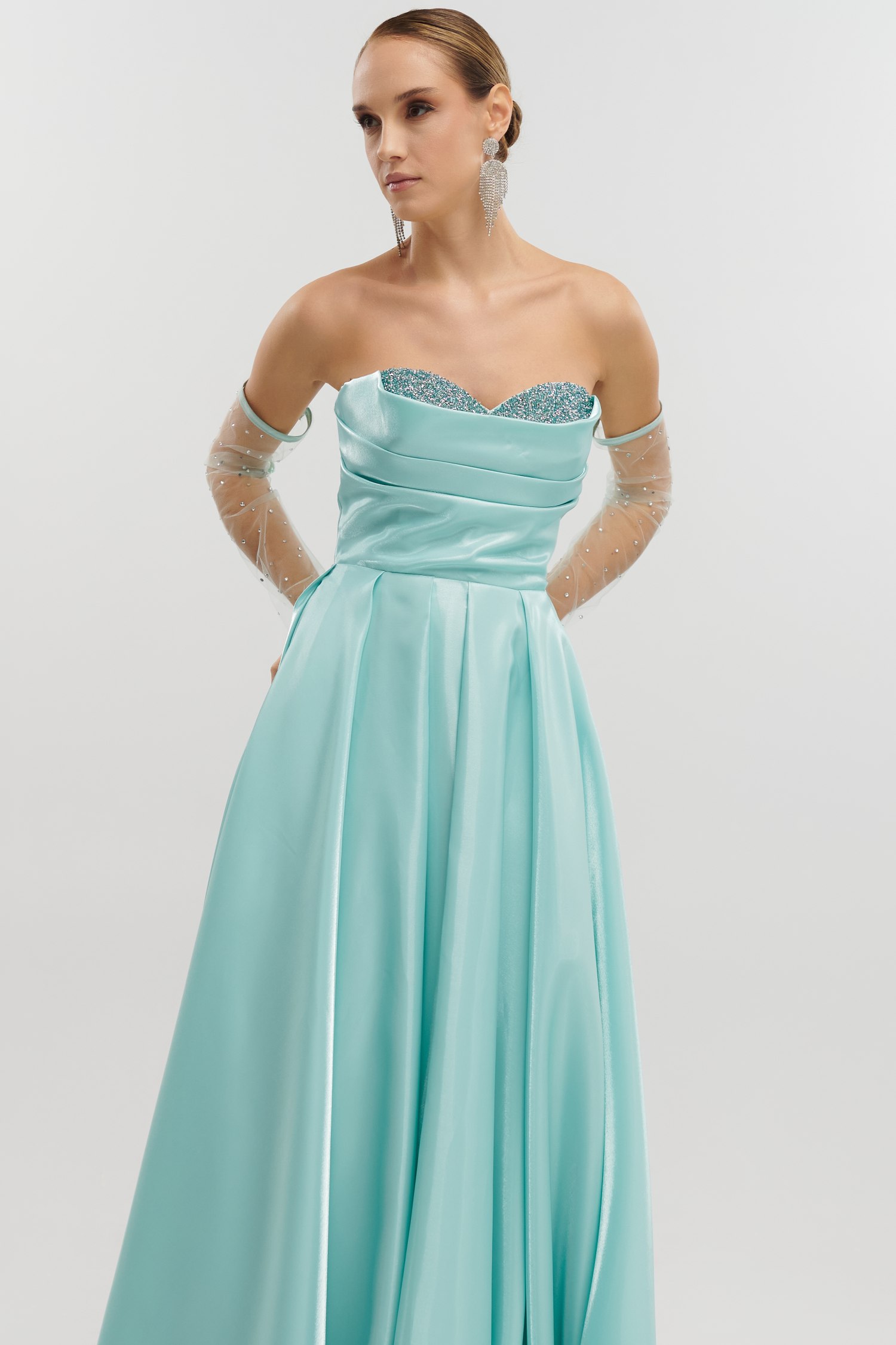 Maxi Φόρεμα Ταφτάς Γυαλιστερός Με Αποσπώμενα Μανίκια Μέντα - Image 5