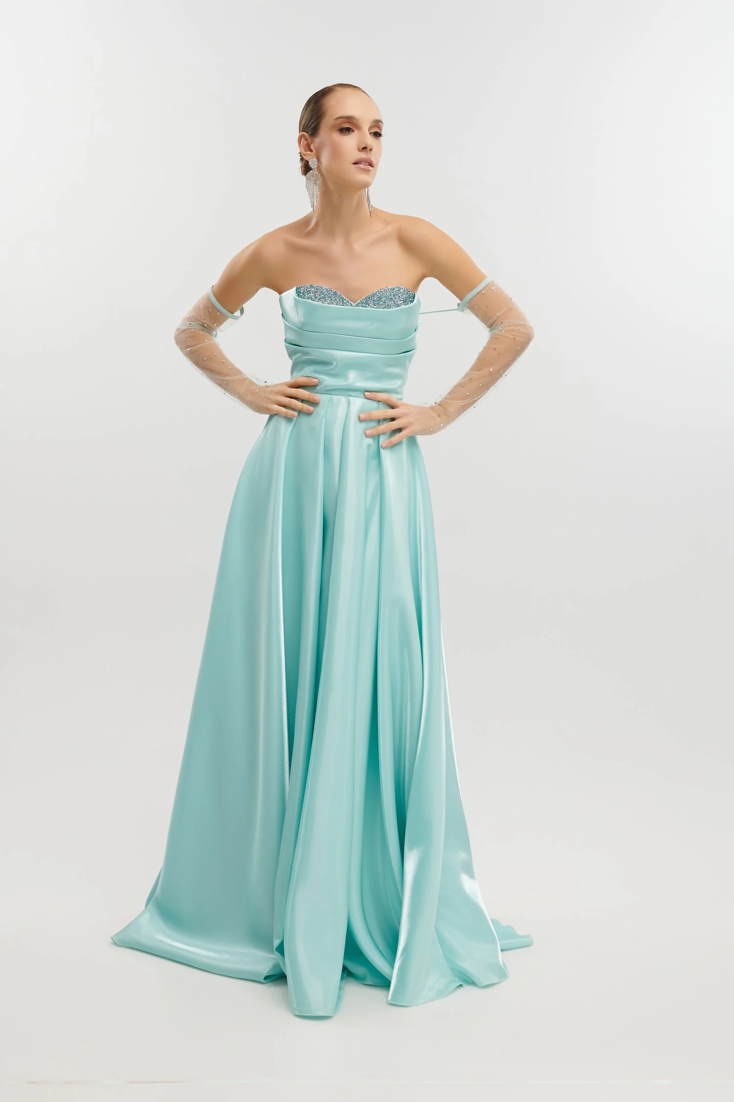 Maxi Φόρεμα Ταφτάς Γυαλιστερός Με Αποσπώμενα Μανίκια Μέντα - Image 6