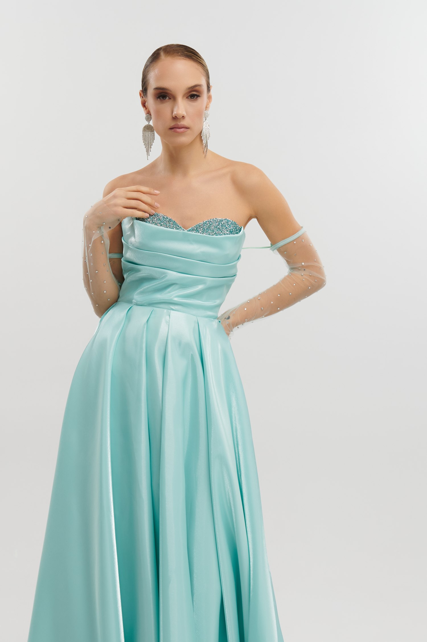 Maxi Φόρεμα Ταφτάς Γυαλιστερός Με Αποσπώμενα Μανίκια Μέντα - Image 7