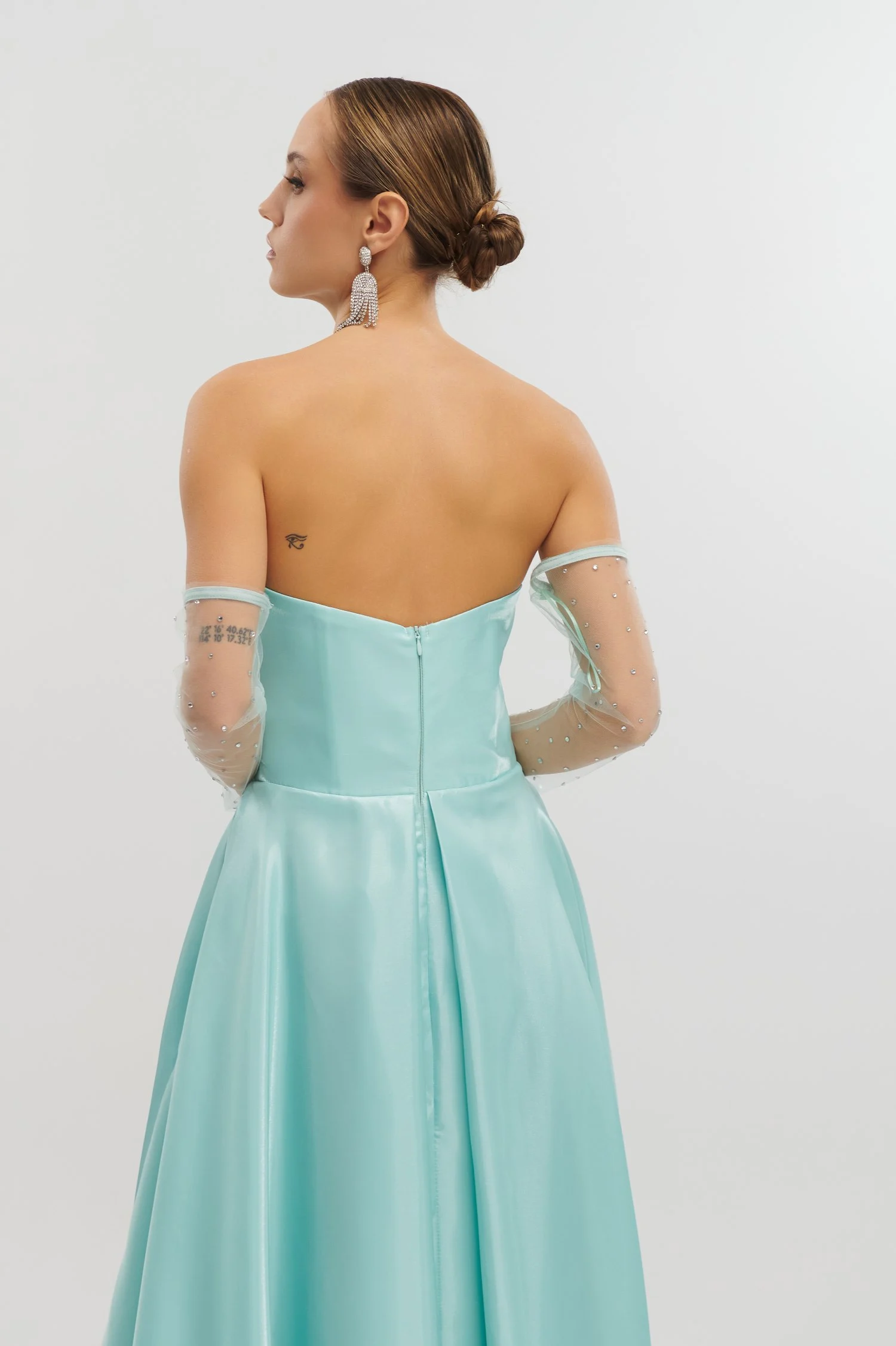 Maxi Φόρεμα Ταφτάς Γυαλιστερός Με Αποσπώμενα Μανίκια Μέντα - Image 8