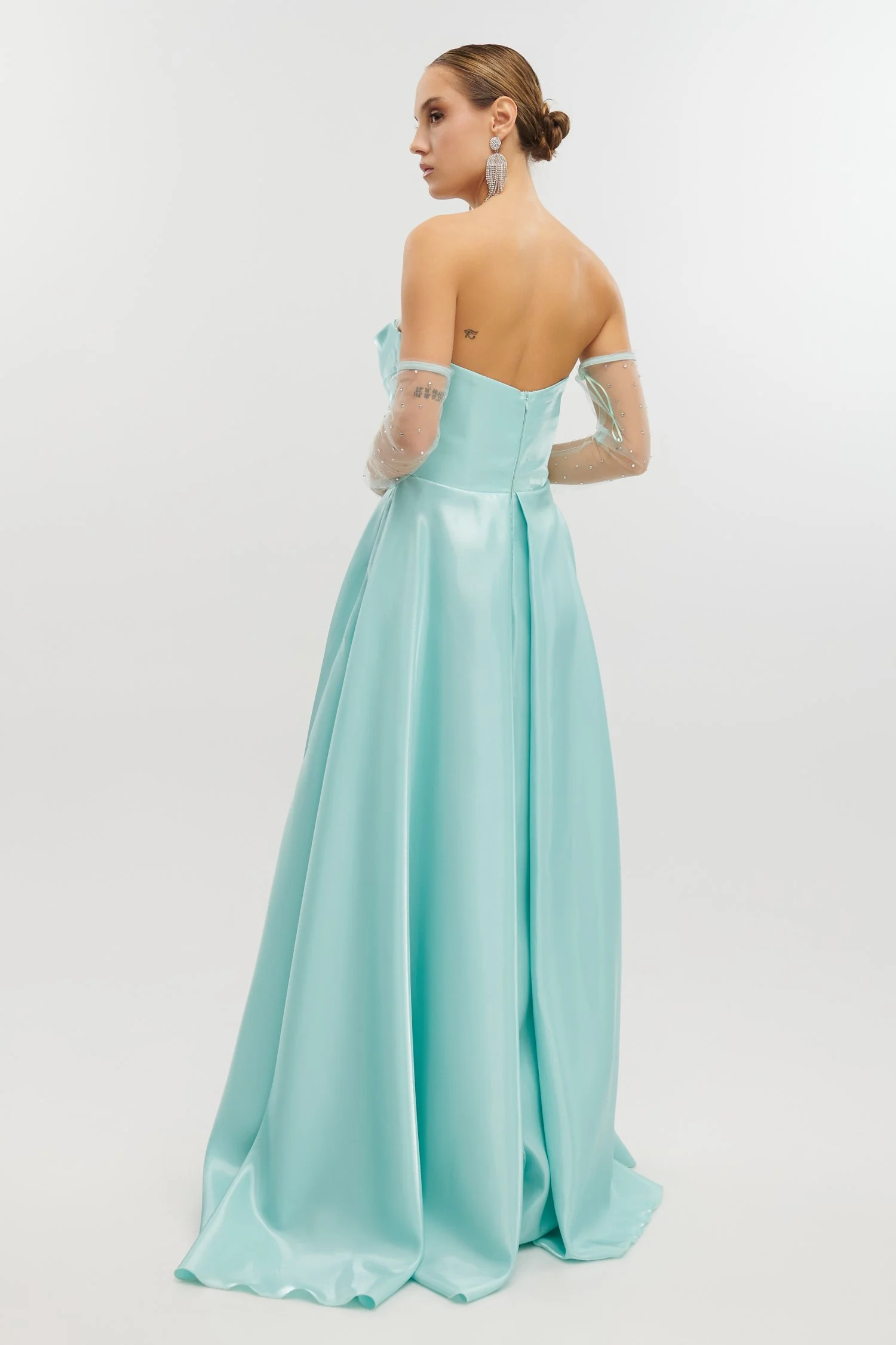 Maxi Φόρεμα Ταφτάς Γυαλιστερός Με Αποσπώμενα Μανίκια Μέντα - Image 9