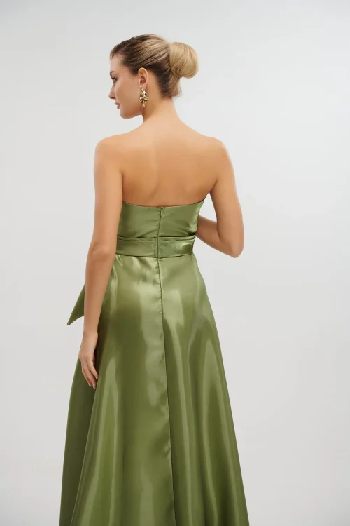 Maxi Φόρεμα Strapless Από Γυαλιστερό Ταφτά Olive- Bella - Image 9