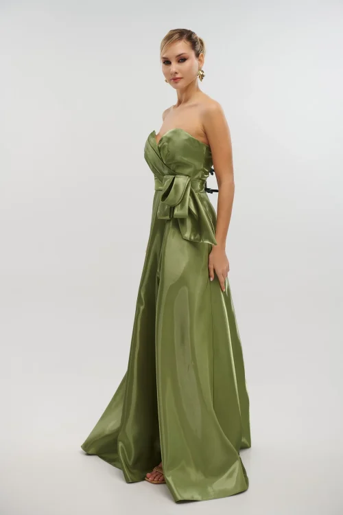 Maxi Φόρεμα Strapless Από Γυαλιστερό Ταφτά Olive- Bella - Image 3