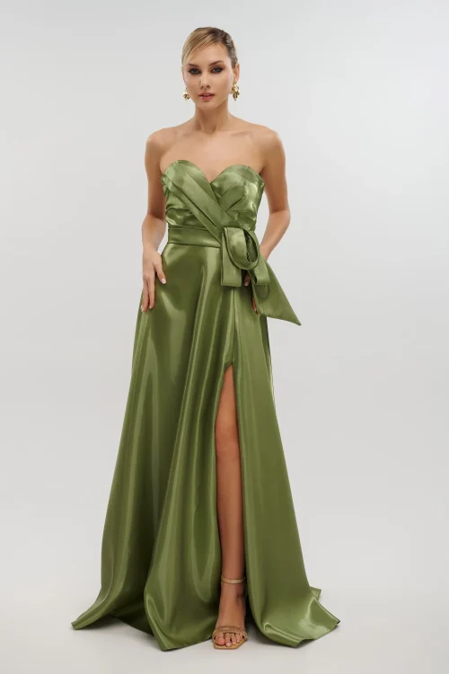 Maxi Φόρεμα Strapless Από Γυαλιστερό Ταφτά Olive- Bella - Image 2