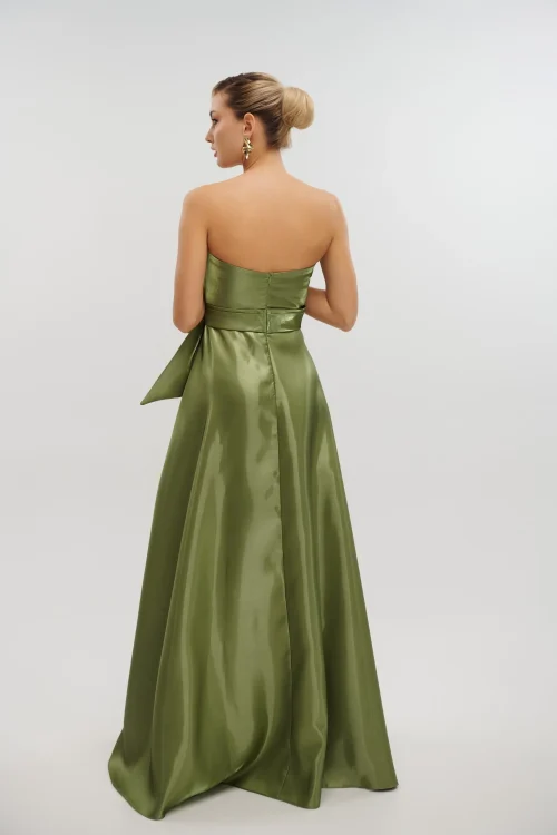 Maxi Φόρεμα Strapless Από Γυαλιστερό Ταφτά Olive- Bella - Image 8