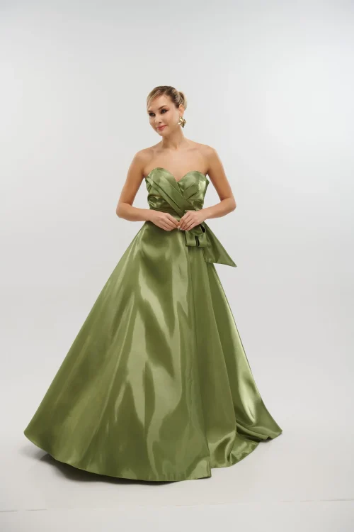 Maxi Φόρεμα Strapless Από Γυαλιστερό Ταφτά Olive- Bella - Image 7