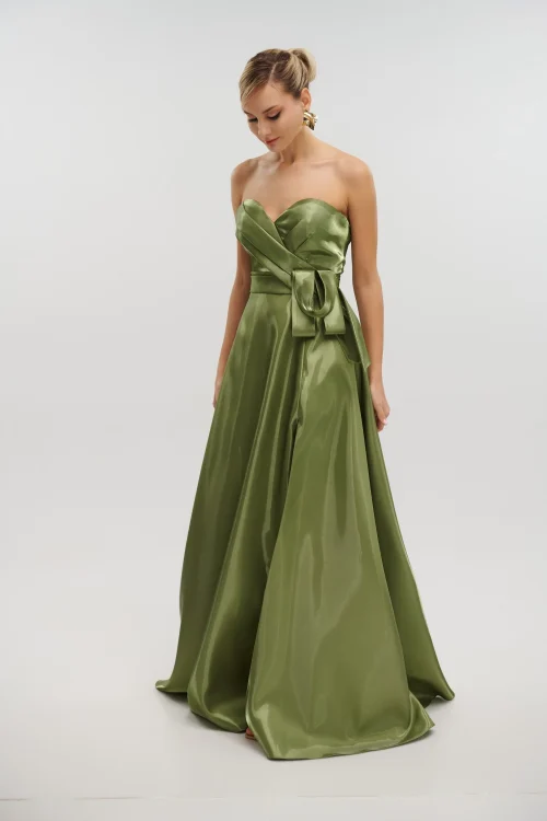 Maxi Φόρεμα Strapless Από Γυαλιστερό Ταφτά Olive- Bella - Image 6
