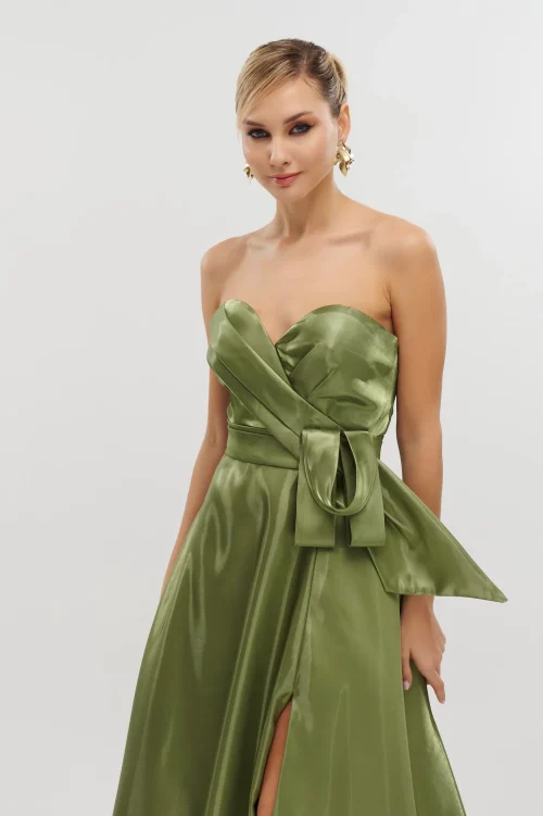 Maxi Φόρεμα Strapless Από Γυαλιστερό Ταφτά Olive- Bella - Image 5