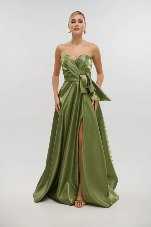 Maxi Φόρεμα Strapless Από Γυαλιστερό Ταφτά Olive- Bella