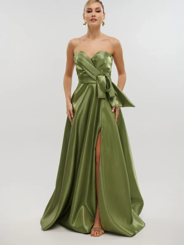 Maxi Φόρεμα Strapless Από Γυαλιστερό Ταφτά Olive- Bella