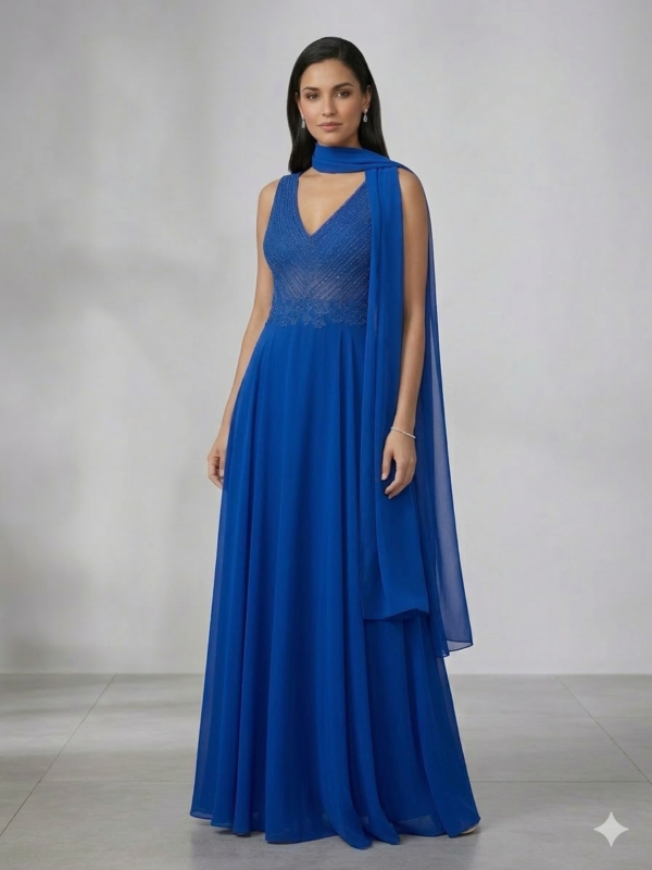 Αέρινο Μάξι Φόρεμα από μουσελινα  εξαιρετικής ποιοτηταςμε Κεντημένο Μπούστο & Εσάρπα"