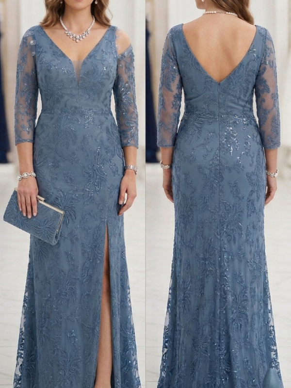 Dusty Blue Gown: Πολυτέλεια με Ανάγλυφη Δαντέλα & Παγιέτες