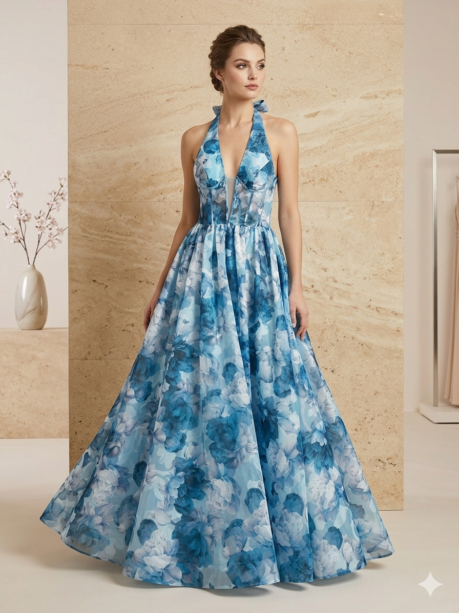 Floral Maxi Φόρεμα από Οργάντζα – Blue Peony Dream